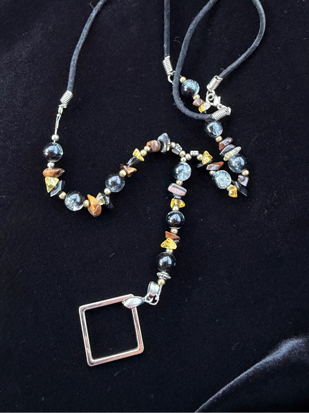 Black Beaded Lariat Necklace with Silver Accent Square Pendant